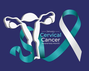 Servikal Kanser Farkındalığı Ayı - Teal beyaz kurdele uyarı işareti koyu mavi arkaplan vektör tasarımı üzerinde 3D rahim işareti çapraz rulo