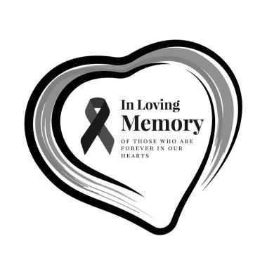 Çizgi fırça biçimi vektör tasarımı ile kalp çerçevesinde sevgi dolu bellek metni ve siyah kurdele işareti