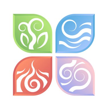 Doğanın dört elementi - toprak, su, hava ve ateş işareti, yaprak şekli vektör tasarımında beyaz çizgi eğrisi ile