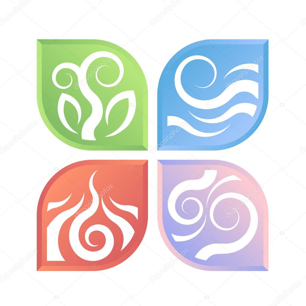 The Four elements of nature - earth, water, air and fire sign with white line curve in leaf shape vector design