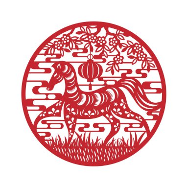 Çin Zodiac Hayvanları Kırmızı Kağıt Biçen At Çiçek ağacının altında yürür Fener çerçeve tasarımında asılı