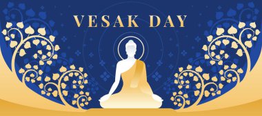 Vesak Günü - Lord Buddha meditasyon yaptı ve bodhi ağacının etrafında altın mavisi renk vektör tasarımı vardı