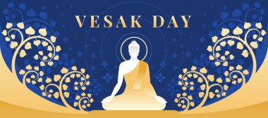 Vesak day - The Lord Buddha meditated and bodhi tree with leaf around on gold blue tone vector design clipart