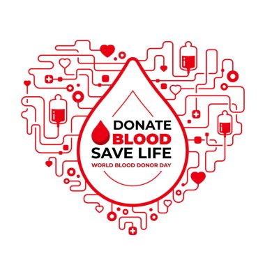 Dünya kan bağışı günü - Kalp kan torbası ve kalp şekli vektör tasarımı olan hücreye bağlanan satırdaki yazı