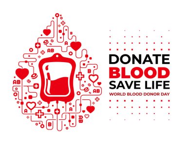 Dünya kan bağışı günü - Kan torbası ile kırmızı damla kan şekli kalp ve hücre ikonu vektör tasarımına bağlıdır