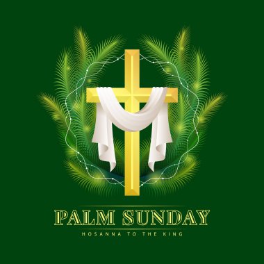 Palmiye pazarı, krala hassana - Beyaz kumaşlı altın haç ve koyu yeşil arka plan tasarımı üzerinde ışık saçan palmiye yaprakları