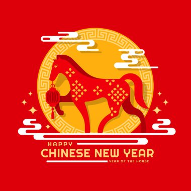 Mutlu Çin Yeni Yılı, Atın Yılı, Kırmızı At Zodyak, Çin Feneri Kırmızı Arkaplan Tasarımı 'nda kırmızı Ay' da bulutların üzerinde duruyor