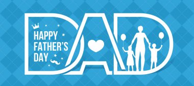 Babalar Günün kutlu olsun - Beyaz metin Beyaz kalp ve oğul ve kız Baba 'nın elini tut ve balonları dizayn et mavi desenli arka plan vektör tasarımı üzerine DAD harfiyle.