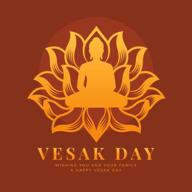 Vesak Günü - Kahverengi arkaplan vektör tasarımı üzerinde nilüfer çiçekli altın Buda meditasyonu
