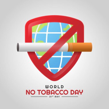 World No Tobacco Day - Kırmızı kalkanda 3 boyutlu sigara, çapraz duruş ve küresel doku arka plan tasarımı