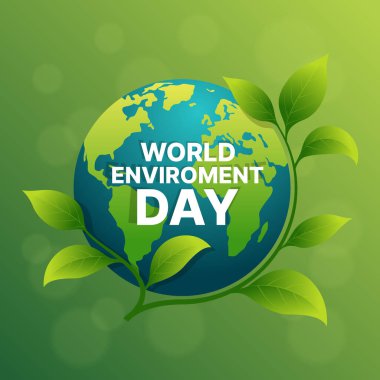 Dünya çevre günü - Yaprakları yeşil bokeh desen arka plan tasarımı üzerinde yuvarlanan yapraklar ile yuvarlanan yuvarlak dünya üzerinde metin