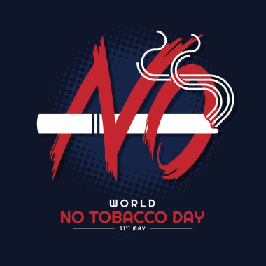 Dünya Tütün Yok Günü - Kırmızı HAYIR harfi beyaz sigarayı koyu mavi desenli arka plan vektör tasarımı üzerinde çizgi dumanı işareti ile çaprazladı