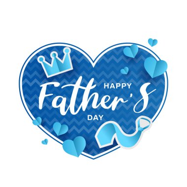 Babalar Günün kutlu olsun - Vektör tasarımının etrafında zikzak desenli ve taç kravatlı mavi kalp pankartıyla metin