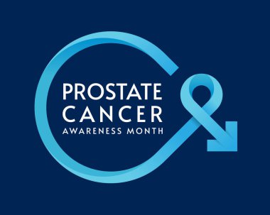 Prostat kanseri farkındalığı ayı - Mavi arkaplan vektör tasarımında erkek sembolü gibi oklu açık mavi kurdeleli metin