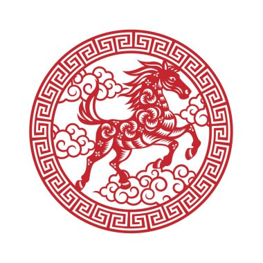 Kırmızı kağıt kesim at zodyak bulutlar üzerinde daire şeklinde Çin çerçeve tasarımı