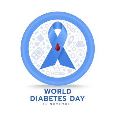 Dünya Diyabet Günü - Mavi kurdeleli mavi halka şeklinde kan işareti ve vektör tasarımı çevresindeki diyabet hakkında ikon