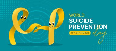 Dünya İntihar Önleme Günü - Metin ve Sarı kurdele karakteri el ele tutuşarak yeşil deniz mavisi arkaplan vektör tasarımı üzerinde ribonlar haykırıyor