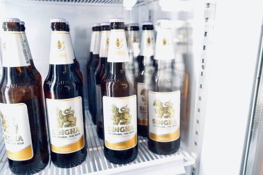 Buriram Tayland, 2 Şubat 2024, Singha bira logosu, Tayland birası, Singha birası, uluslararası Tayland birası.