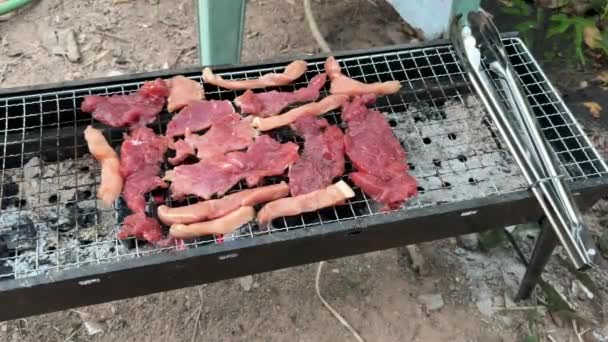 Getrocknetes Schweinefleisch Gebraten Pork Only One Shine Holzkohlegrill Street Thai — Stockvideo