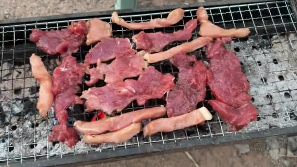 Gedroogde Varkensvlees Gebakken Varkensvlees Slechts Een Glans Houtskool Grill Straat — Stockvideo