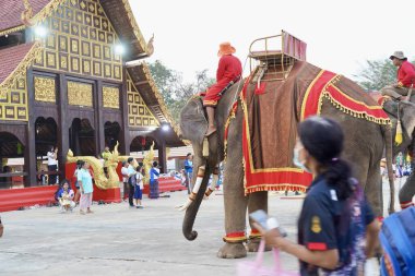 Tayland halkı, fil ve mahout geçit töreni Pavyonu Lahansai Tapınağı, 31 Ocak 2024, Buriram Tayland.