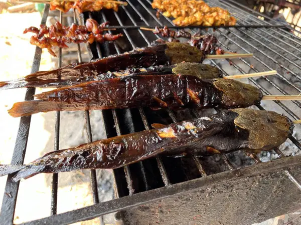 Izgara yayın balığı kömürü sokak Tayland yemeği..