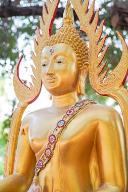 Tayland tapınağındaki Wat Nongtakrong Parkı 'nda Buda Heykeli banyan ağacı geçmişi, Tayland' daki Sonkran festivali günü.