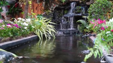 Pond ve Fish ile Suni Bahçe Şelalesi Çevrelenmiş Doğa 4K