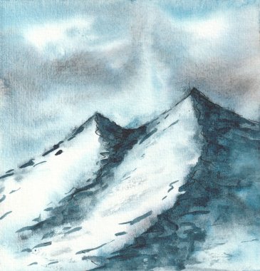 Suluboya dağlarının dokusu manzara, el çizimi arkaplan.