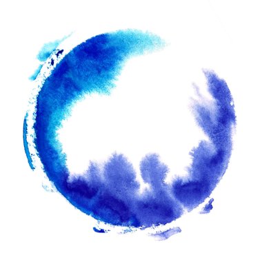 Watercolor paint splash circle isolated on white blue color background. Bright hand drawn design element. Abstract colorful water color round texture.