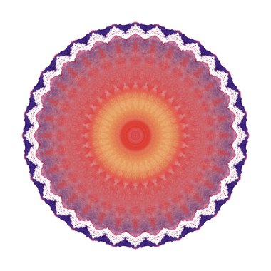 Kaleydoskopik sanat mandala 'nın etrafındaki beyaz kırmızı ve turuncu suluboya resimlerde izole edilmiş. İnce soyut çok renkli simetrik çember deseni.