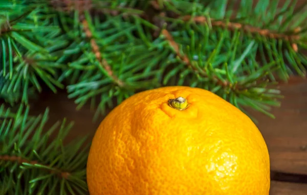 在云杉的背景上的普通话 附近有一个黄色的橘子和背景中的云杉树枝 桌上的圣诞装饰品 — 图库照片