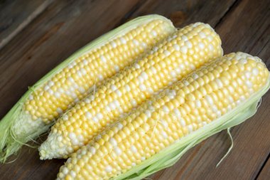 Three cobs of corn lie on a wooden table. Corn with yellow and white grains on the cob on the table. Three heads of corn.