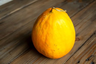 A whole melon on a wooden table. On a wooden board stands a whole, yellow melon. A young melon from the garden.