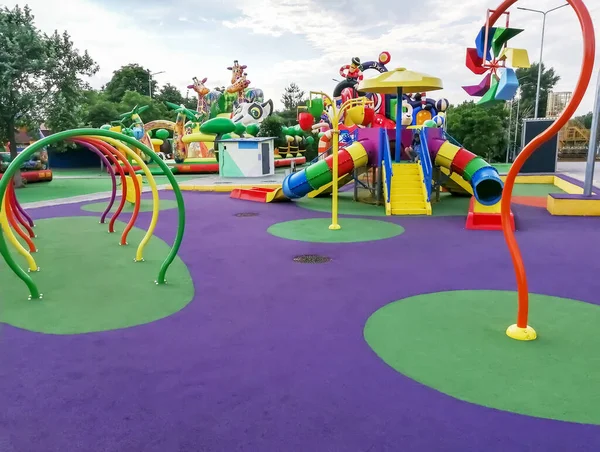 Children\'s playground with bright play complexes. lots of entertainment for children. Shroud for children in the park.