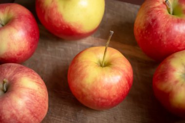 Red apples lie on a wooden board. A lot of champion apples. Large red apples with yellow stripes. Whole apples on the table.
