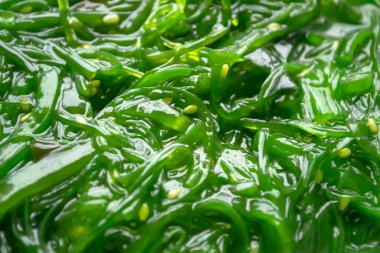 Susamlı yosun chuka salatası. Deniz yosunu marulunun arkaplan görüntüsü. Faydalı algler - wakame.