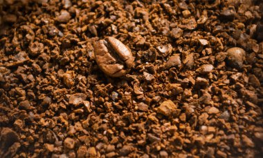 Ezilmiş kahvenin arka planına karşı tam tahıl. Ezilmiş kahvenin arka planı ve bütün bir Arap fasulyesi. Robusta bir kahve çekirdeği..