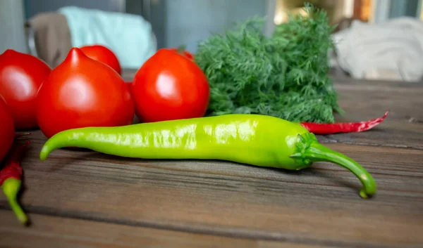 Healthy Summer Vegetables Wooden Table Chili Pepper Tomatoes Dill Wooden — Stock Photo, Image