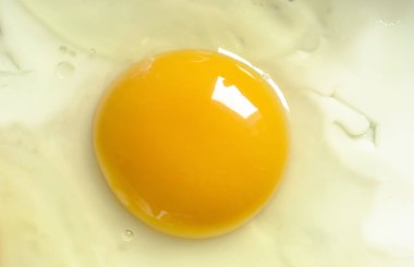 Bir sahanda yumurta. Sahanda yumurtanın parlak sarısı. Yakın plan yumurta..