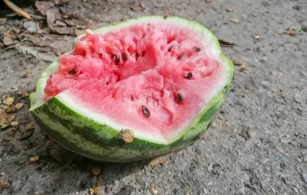 Eine Wassermelone Zerbrach Eine Halbe Gefallene Wassermelone Liegt Auf Dem — Stockfoto