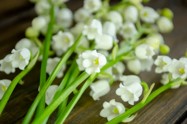 Lily of the valley flowers lie together. Multicolors of lily of the valley. Lily of the valley season - harvesting for sale. A lot of bells are white.