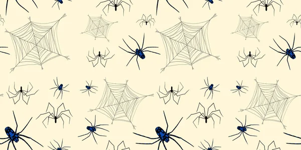 Spinnen Mit Spinnweben Nahtlos Muster Beige Farbe Dekorierter Hintergrund Für — Stockvektor