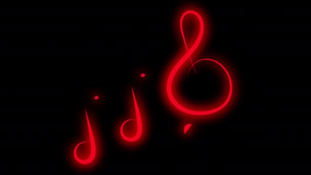 Animering Röda Neonmusikaliska Symboler Svart Skärm Effekten Strålande Laddningssång Loopande — Stockvideo
