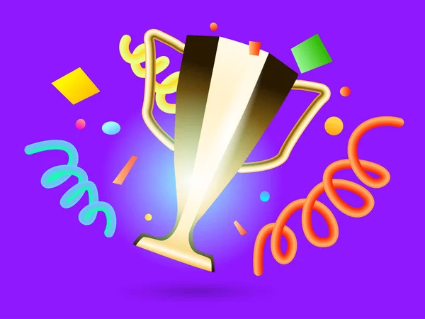 Coupe Dorée Gagnant Avec Confettis Sur Fond Violet Illustration Vectorielle — Image vectorielle