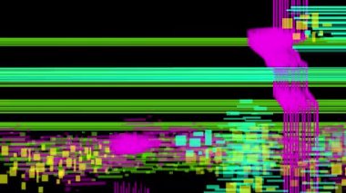 Siyah ekranda arıza etkisi animasyonu. 4K video paraziti, arızalar, alfa kanallı ölü pikseller. Dinamik çok renkli çizgiler soyutlaması.