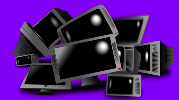 Fallende Fernseher Mit Flackernden Bildschirmen Weißem Rauschen Und Glitch Effekten — Stockvideo