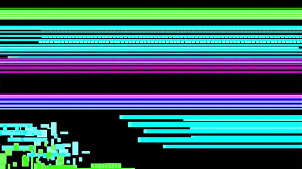 在黑色背景上带有蓝色 粉色和绿色像素的线性闪光点 设备屏幕上有损坏的矢量抽象 毁灭的概念 网络朋克 — 图库矢量图片
