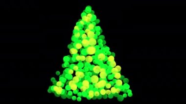 Bokeh 'te parıldayan bir Noel ağacı. Siyah bir ekranda çok renkli daireler. 4K 'da alfa kanallı Noel parıltısının animasyonu. Festival dekorasyonunun stok videosu.