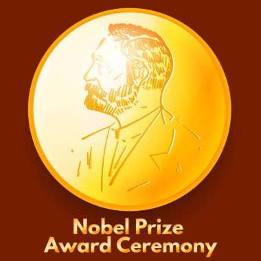 Bordo arka planda altın Nobel Ödülü. Bilimsel Başarı Alanında Onurlu Başarı. Alfred Nobel 'in portresi ile vektör illüstrasyonuName.